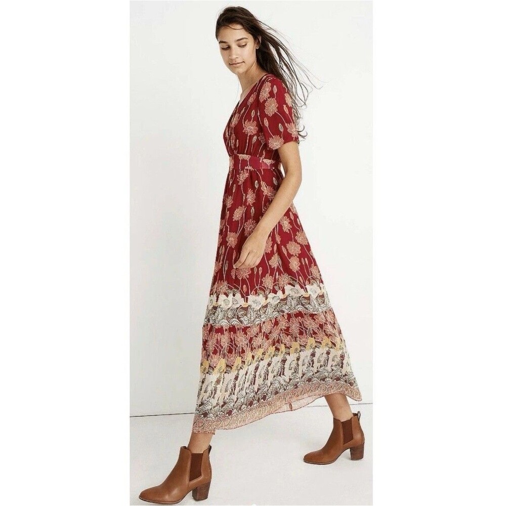 MADEWELL Tulip Sleeve Maxi Dress In Tall Sunflowers Red Chiffon Wedding Sz 4 - Picture 2 of 9
